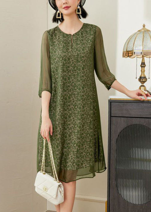 Green O-neck Print Chiffon a Line Dress Half Sleeve