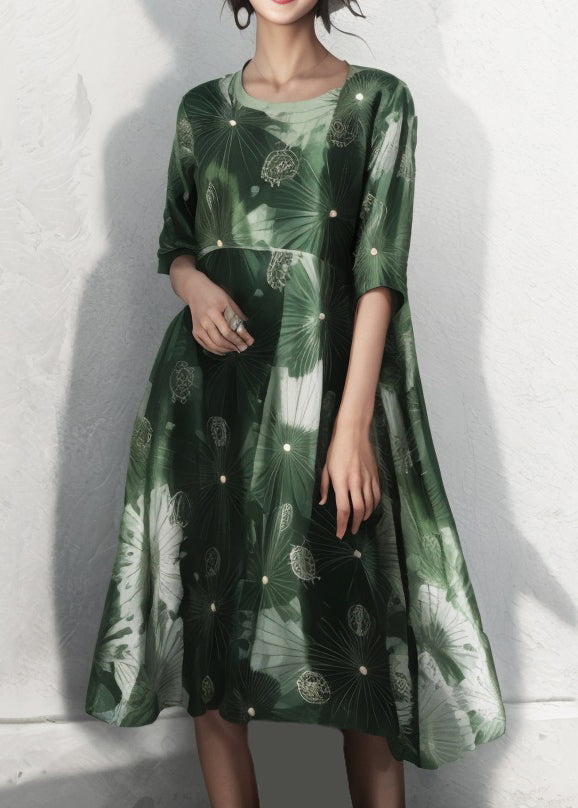 Green O Neck Print Cotton Dress Half Sleeve
