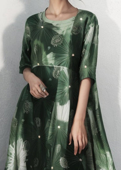 Green O Neck Print Cotton Dress Half Sleeve