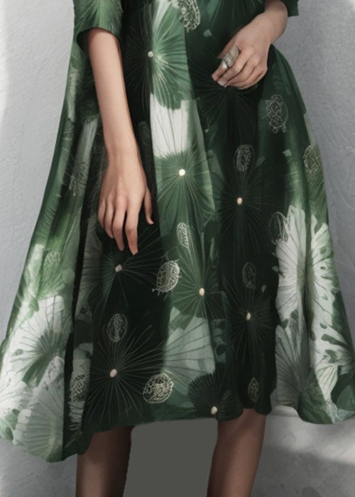 Green O Neck Print Cotton Dress Half Sleeve