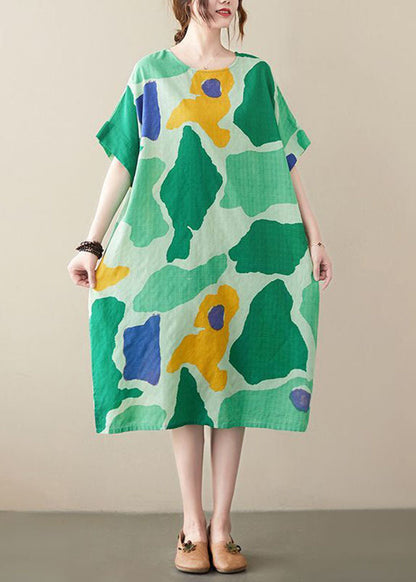 Green O-neck Print Cotton Holiday Dress Summer