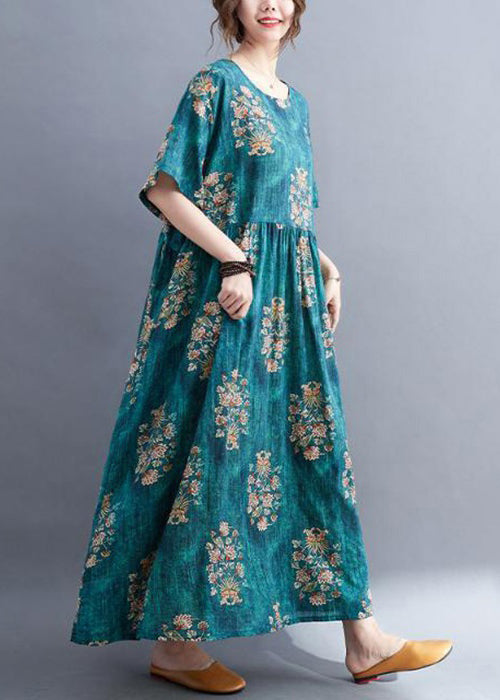 Green O Neck Print Cotton Long Dress Summer