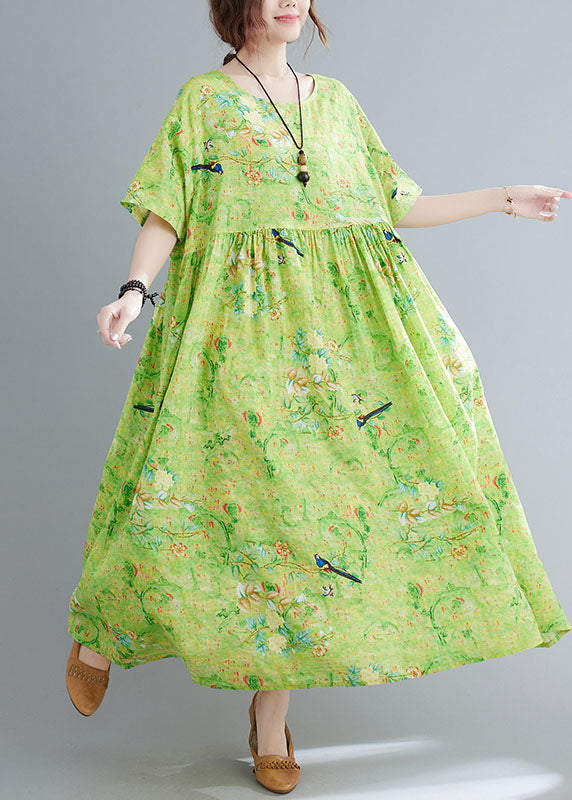 Green O-neck Print Exra Large Hem Wrinkled Cotton Long Dress Short Sleeve