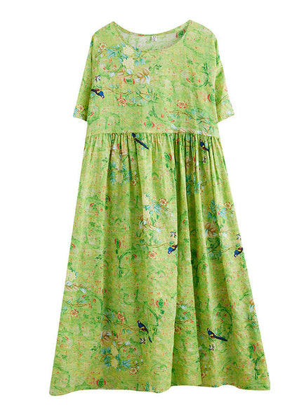 Green O-neck Print Exra Large Hem Wrinkled Cotton Long Dress Short Sleeve