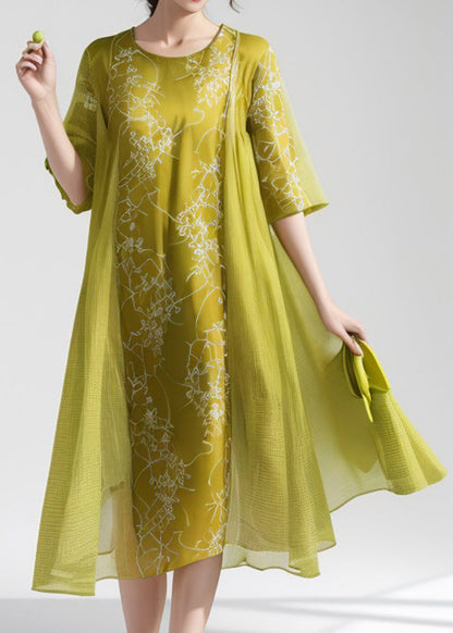 Green O Neck Print False Two Pieces Silk Dress Summer