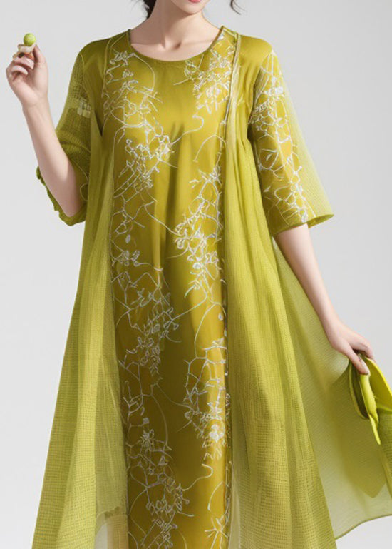 Green O Neck Print False Two Pieces Silk Dress Summer