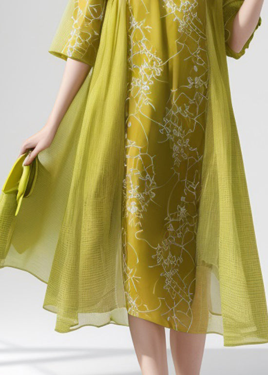 Green O Neck Print False Two Pieces Silk Dress Summer
