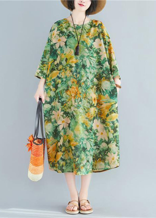 Green O-neck Print Linen Robe Dresses Bracelet Sleeve