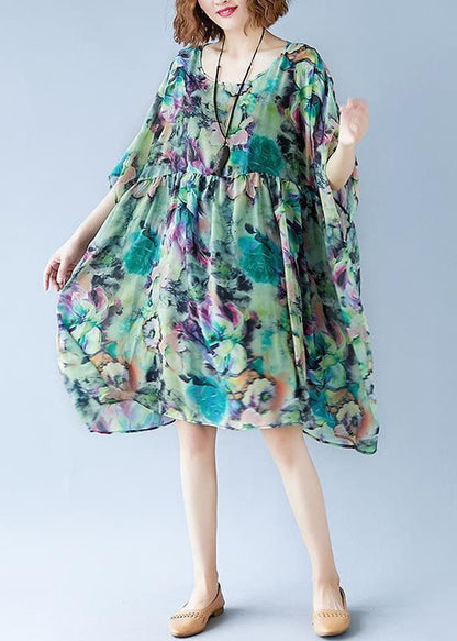 Green O Neck Print Patchwork Chiffon Dresses Summer