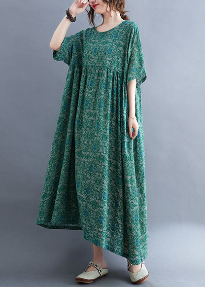 Green O-neck Print Patchwork Vacation Maxi Dresses Summer
