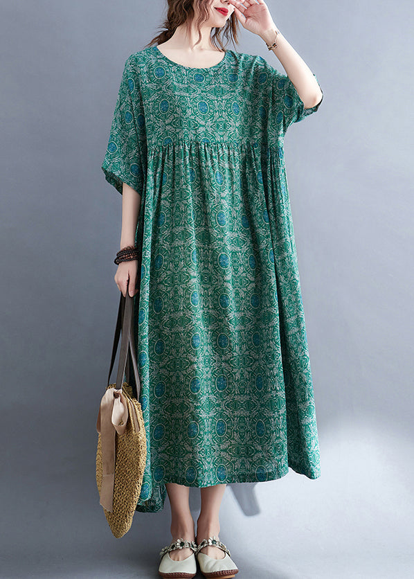 Green O-neck Print Patchwork Vacation Maxi Dresses Summer