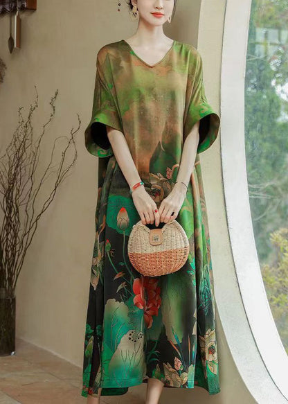 Green O Neck Print Silk Long Dresses Summer