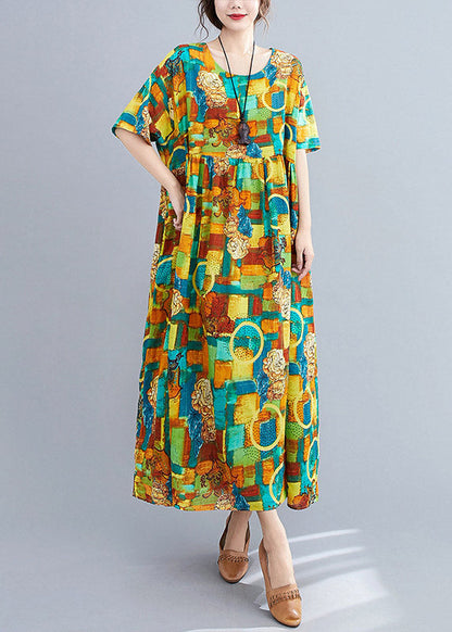 Green O-neck Print Wrinkled Party Dress Short Sleeve