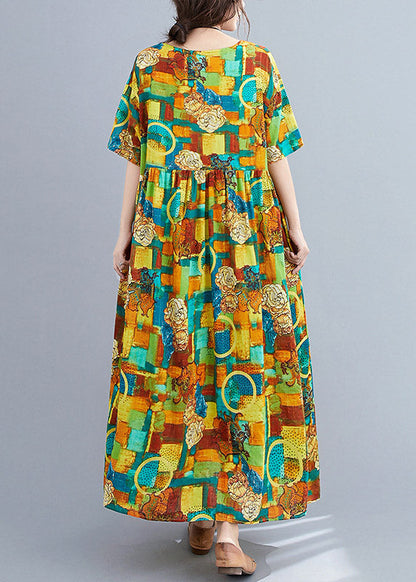 Green O-neck Print Wrinkled Party Dress Short Sleeve