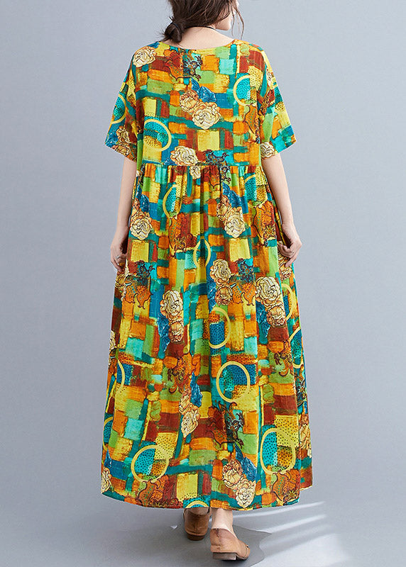 Green O-neck Print Wrinkled Party Dress Short Sleeve