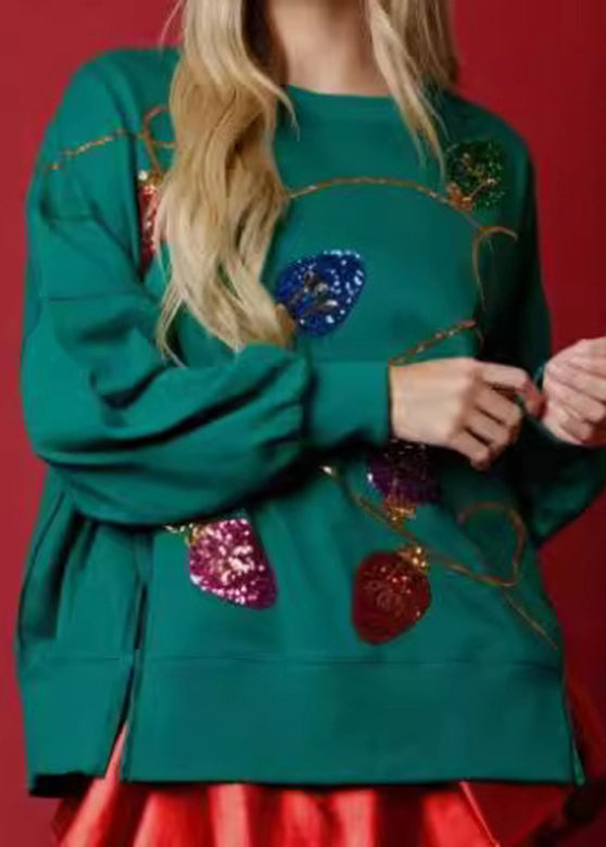 Green O-neck Sequins Patchwork Loose Sweatshirts Fall
