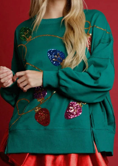 Green O-neck Sequins Patchwork Loose Sweatshirts Fall