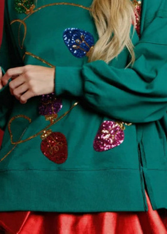 Green O-neck Sequins Patchwork Loose Sweatshirts Fall