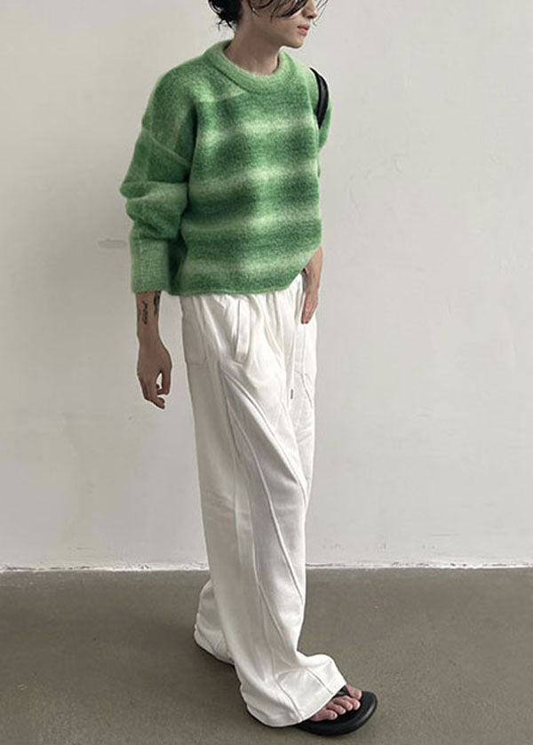Green O-neck Striped Warm Knit Sweater Tops Winter