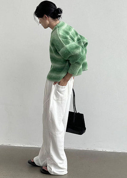 Green O-neck Striped Warm Knit Sweater Tops Winter