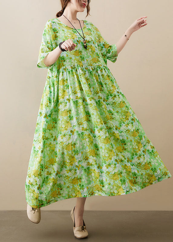 Green O-neck Wrinkled Patchwork Cotton Long Dress Short Sleeve
