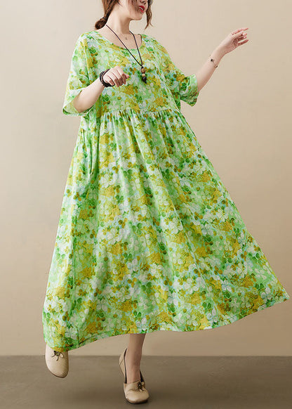 Green O-neck Wrinkled Patchwork Cotton Long Dress Short Sleeve
