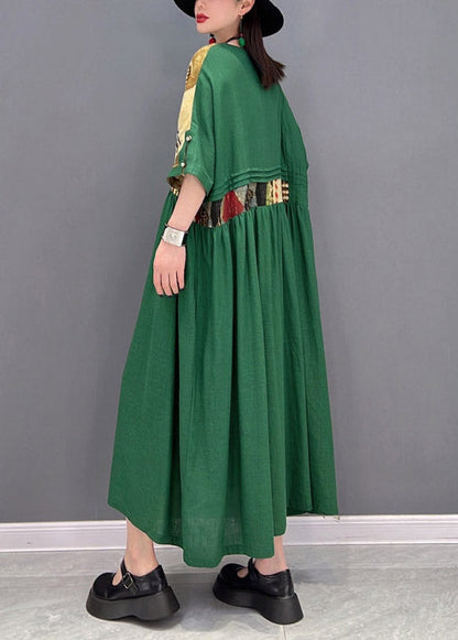 Green O-neck Wrinkled Patchwork Long Dress Half Sleeve
