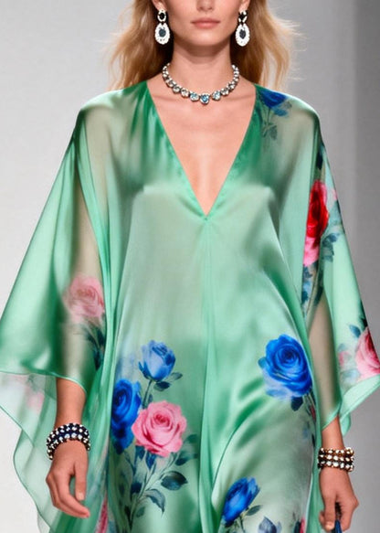 Green Oversized Print Chiffon Beach Dress Summer