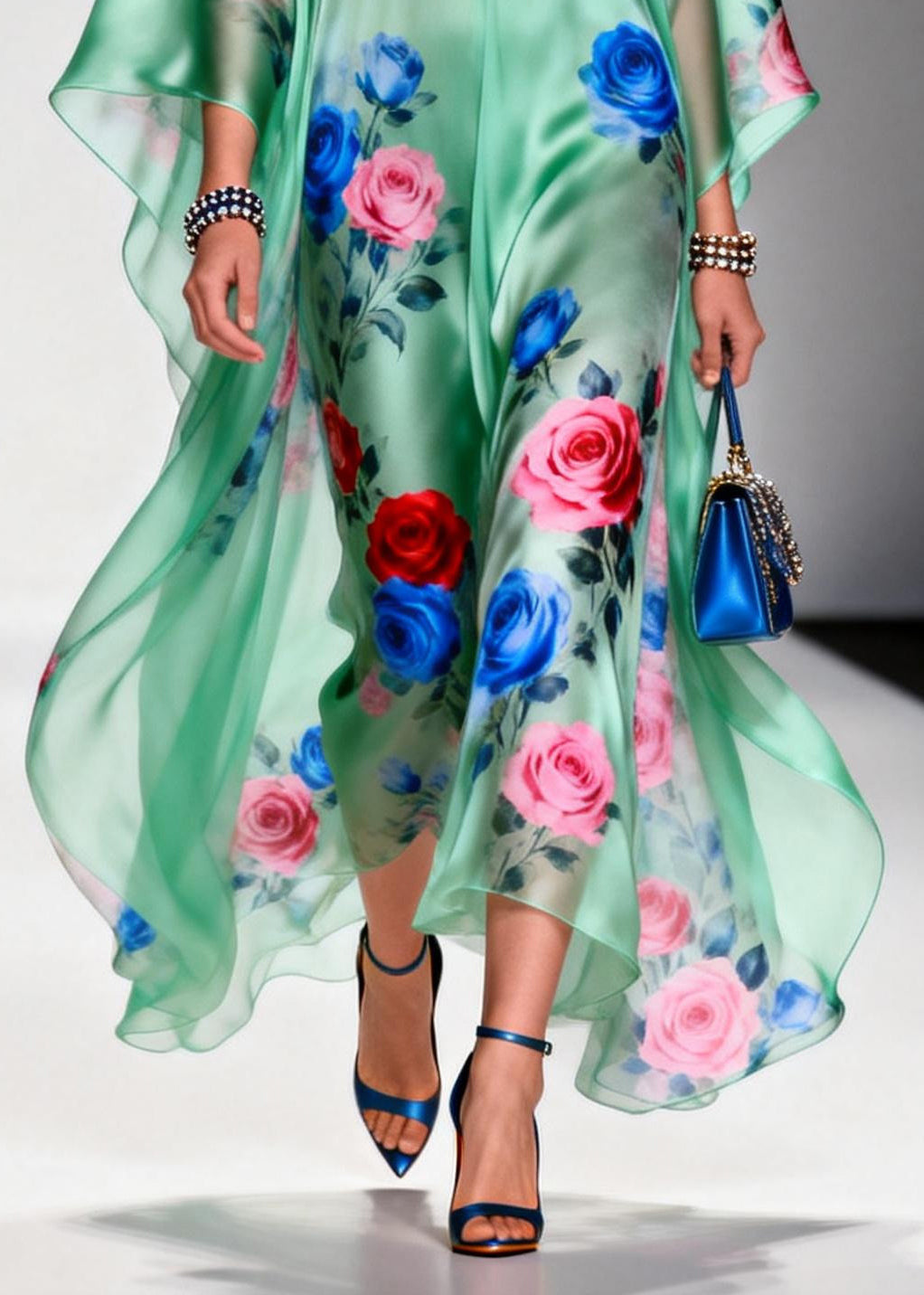 Green Oversized Print Chiffon Beach Dress Summer