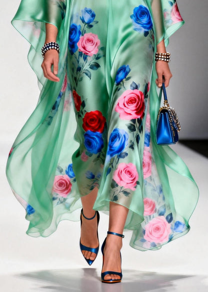 Green Oversized Print Chiffon Beach Dress Summer