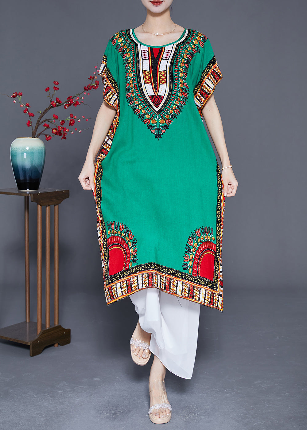 Green Oversized Print Cotton Maxi Dresses Summer
