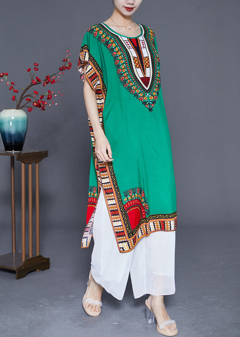 Green Oversized Print Cotton Maxi Dresses Summer