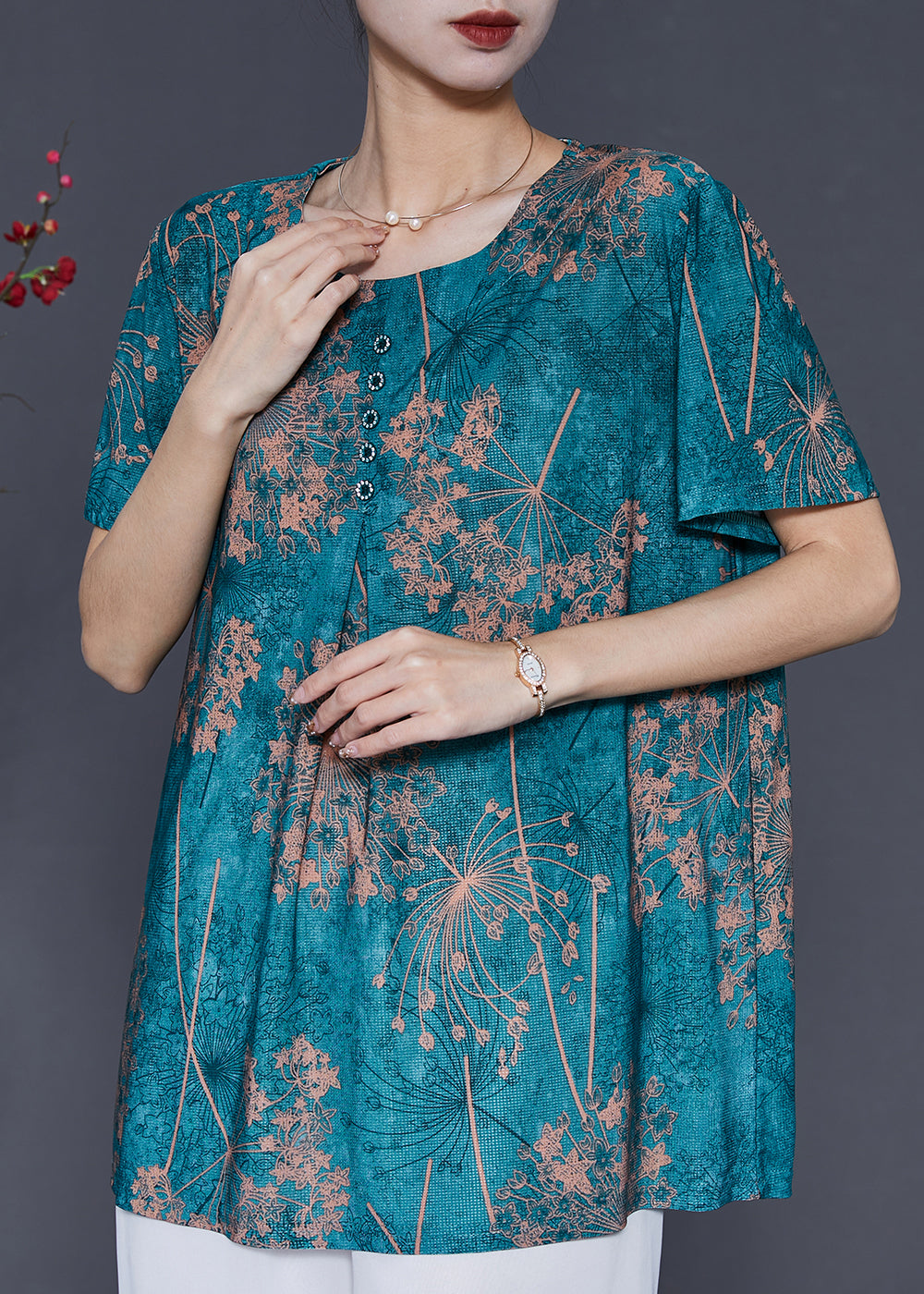 Green Oversized Print Silk Shirt Top Summer