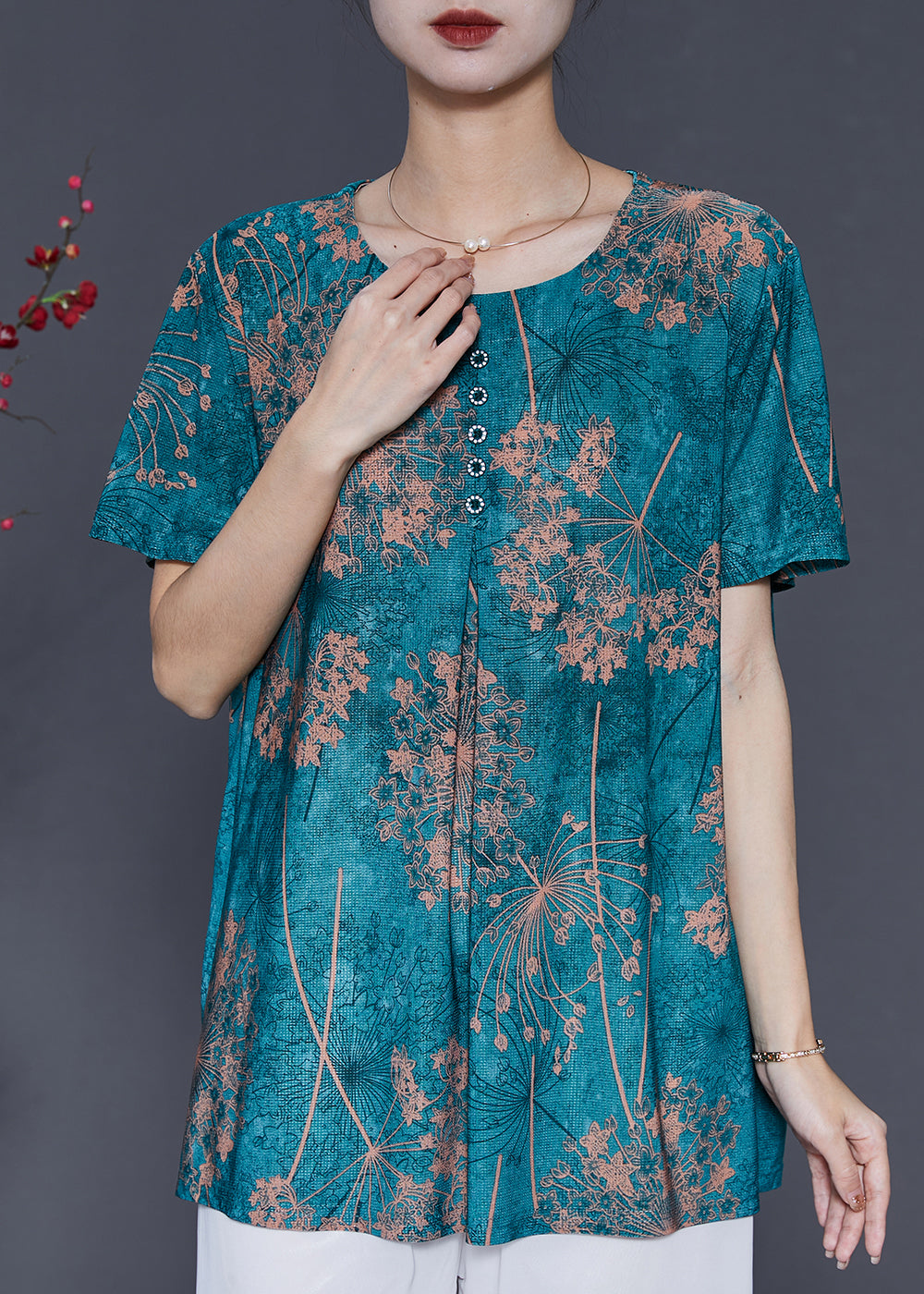 Green Oversized Print Silk Shirt Top Summer