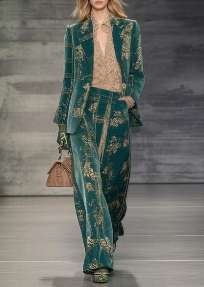 Green Oversized Print Spandex Coats and Straight Pants Two Piece Set Spring