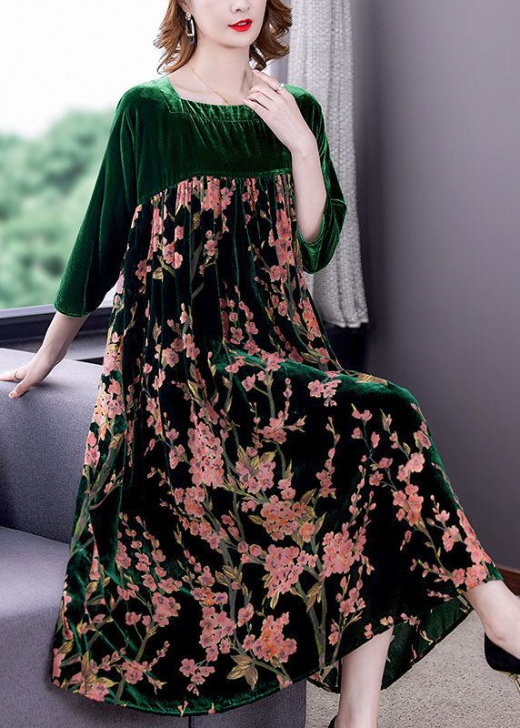 Green Patchwork Print Velour Dresses Winter