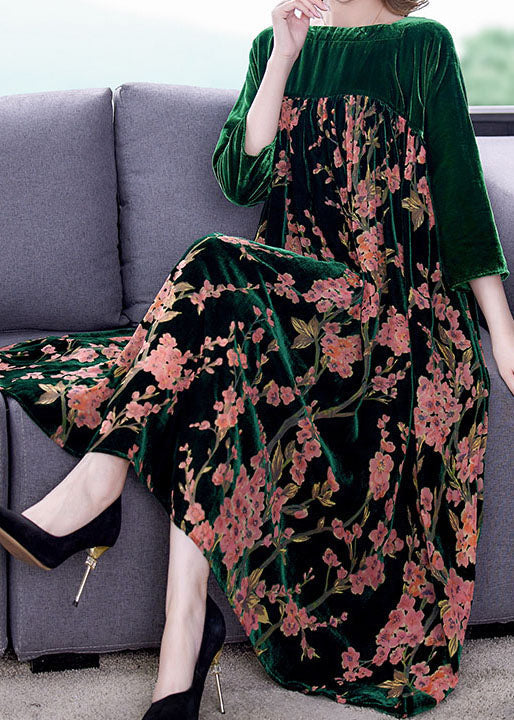 Green Patchwork Print Velour Dresses Winter