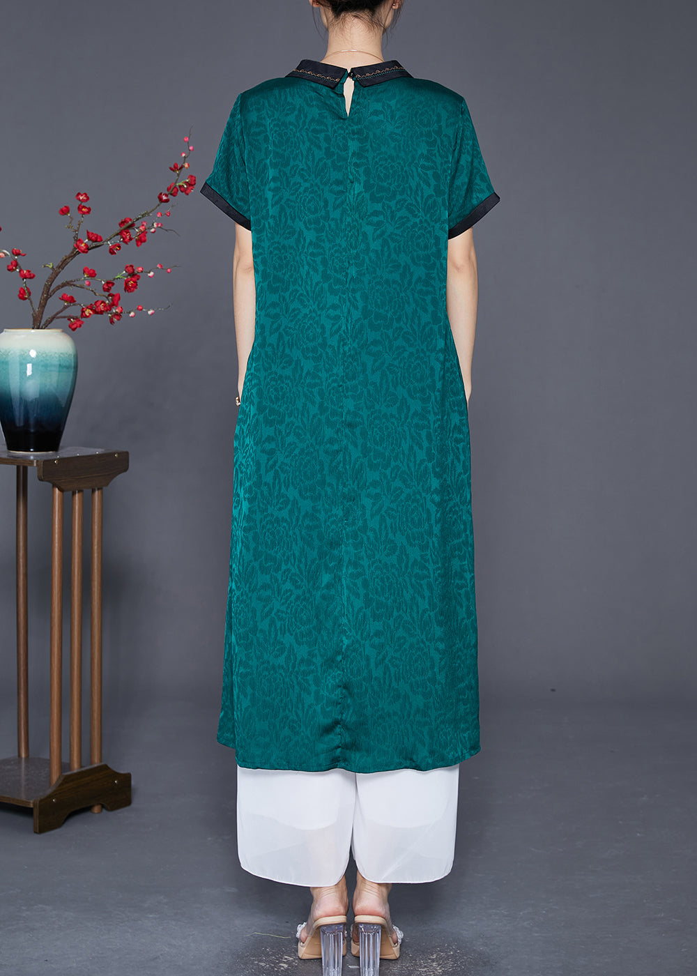 Green Peter Pan Collar Patchwork Jacquard Silk Dress Summer