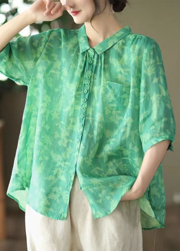 Green Peter Pan Collar Patchwork Linen Blouses Summer