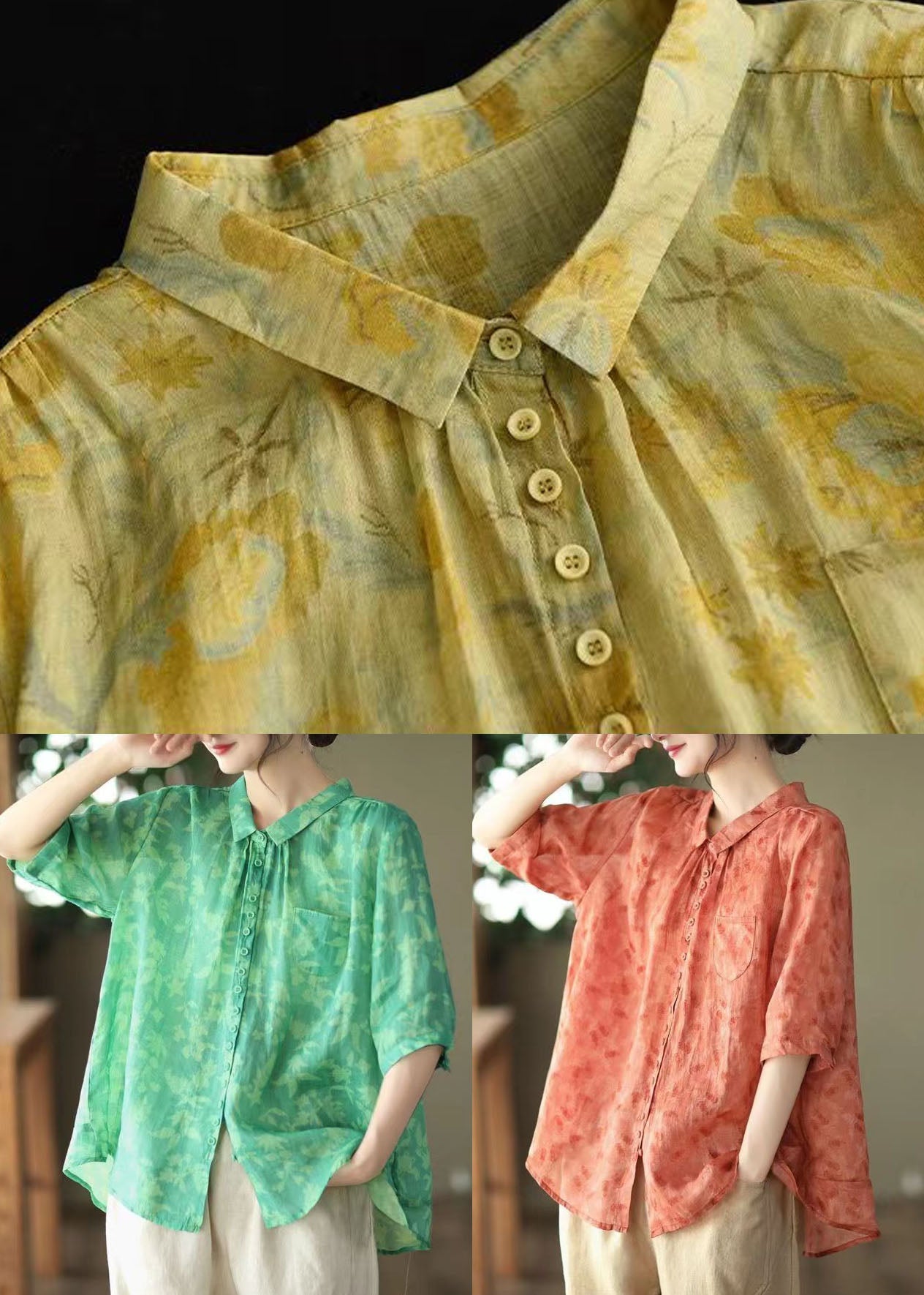 Green Peter Pan Collar Patchwork Linen Blouses Summer