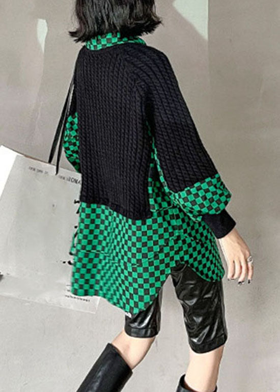Green Peter Pan Collar Plaid Patchwork Knit Pullover Spring