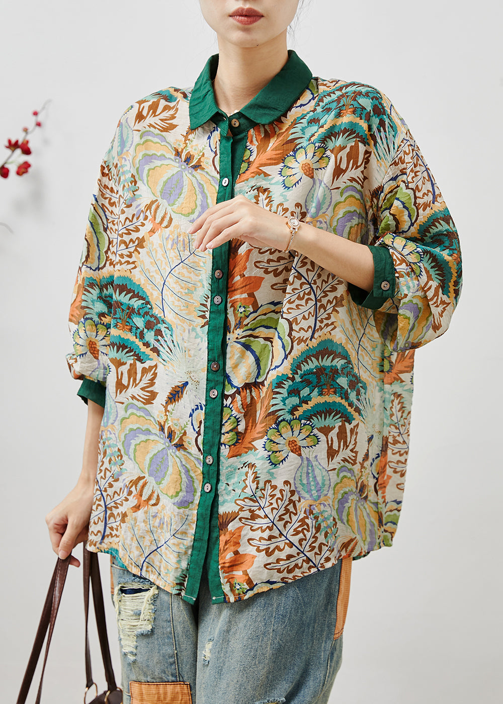 Green Peter Pan Collar Print Linen Blouses Summer