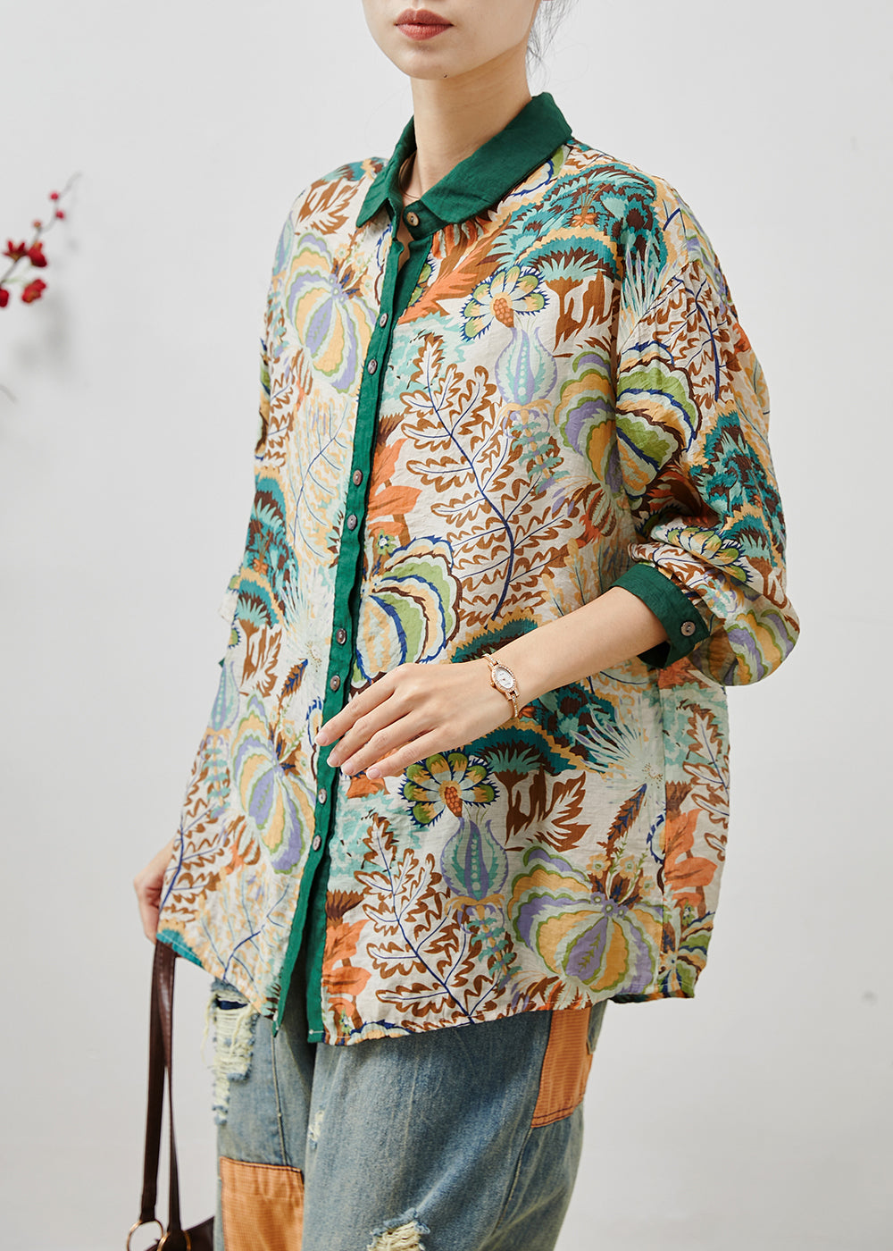 Green Peter Pan Collar Print Linen Blouses Summer