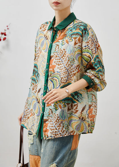 Green Peter Pan Collar Print Linen Blouses Summer