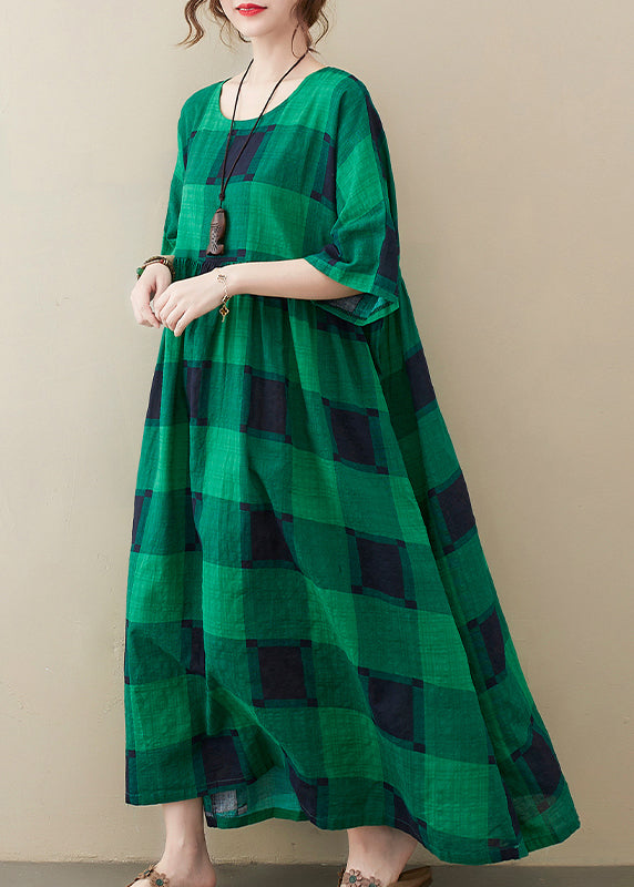 Green Plaid O-neck Pockets Wrinkled Long Dresses Half Sleeve