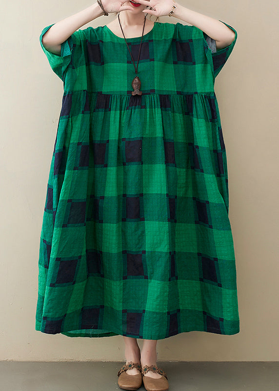 Green Plaid O-neck Pockets Wrinkled Long Dresses Half Sleeve