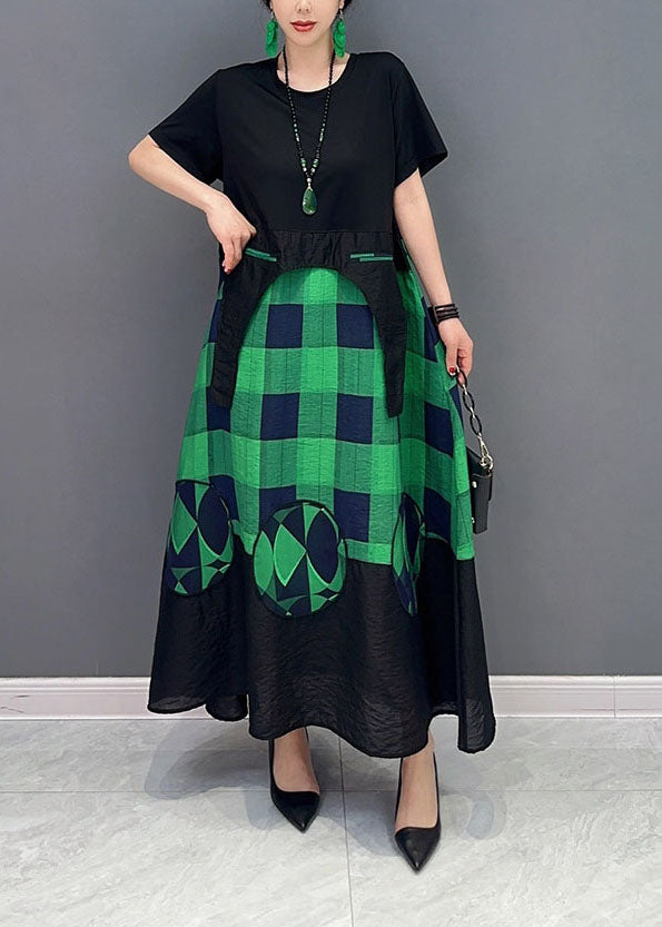 Green Plaid Patchwork Exra Large Hem a Line Dresses Summer