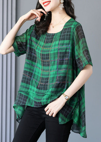 Green Plaid Zircon Patchwork Linen T Shirts Summer