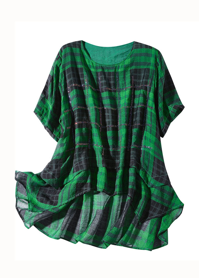 Green Plaid Zircon Patchwork Linen T Shirts Summer