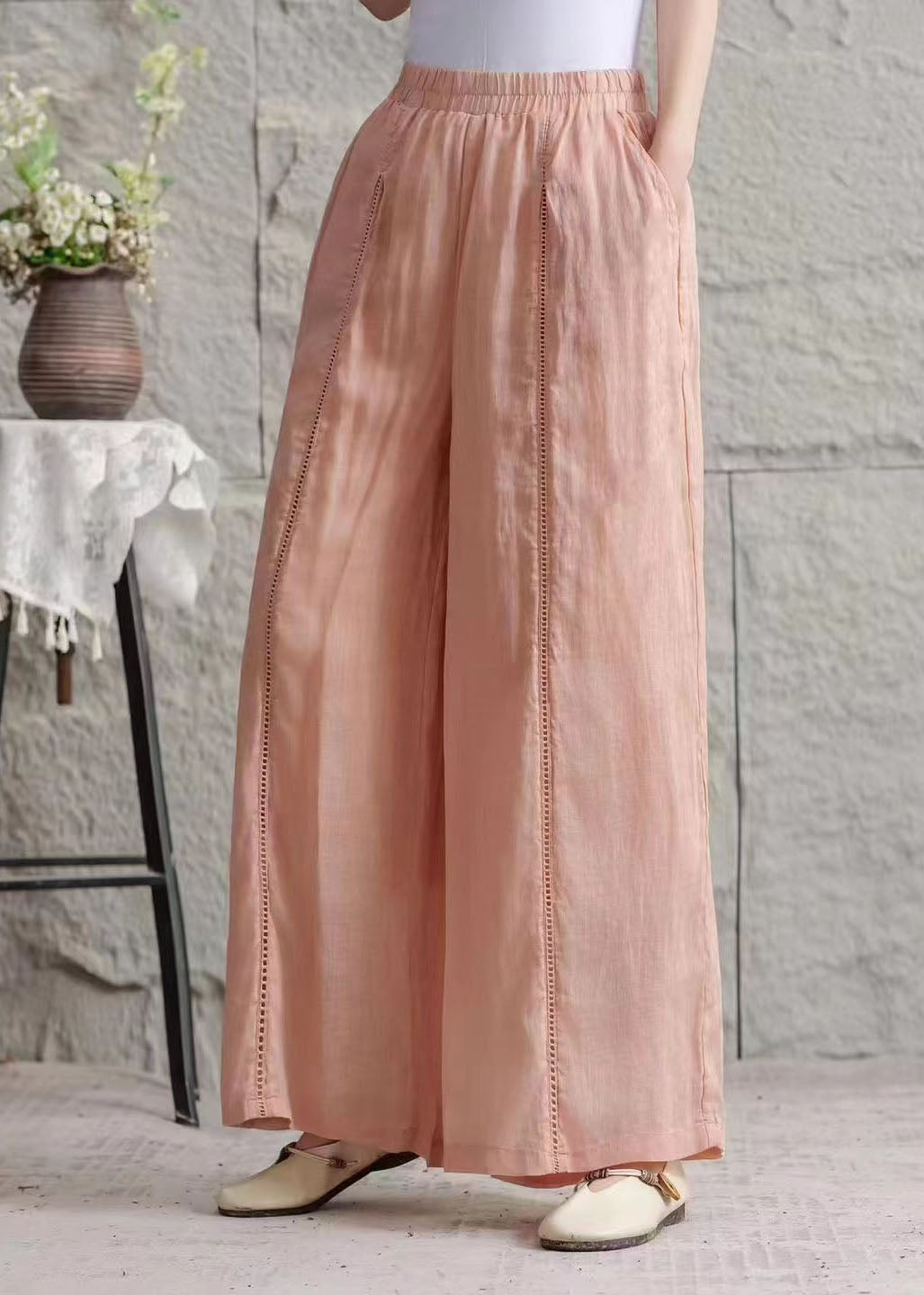 Green Pockets Hollow Out Patchwork Linen Pants Summer